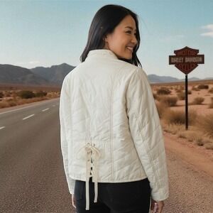 RARE VINTAGE Harley Davidson Quilted Jacket White Ribbon Corset‎ Detail Y2K Sm